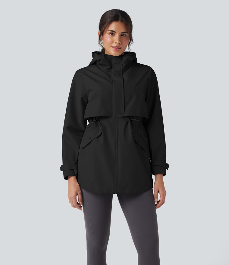 Waterproof Hooded Contrast Mesh Drawstring Hiking Windbreaker Jacket with Pockets