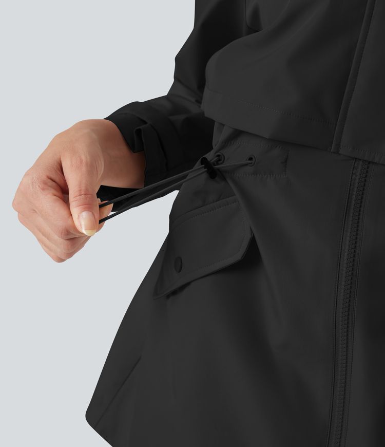 Waterproof Hooded Contrast Mesh Drawstring Hiking Windbreaker Jacket with Pockets