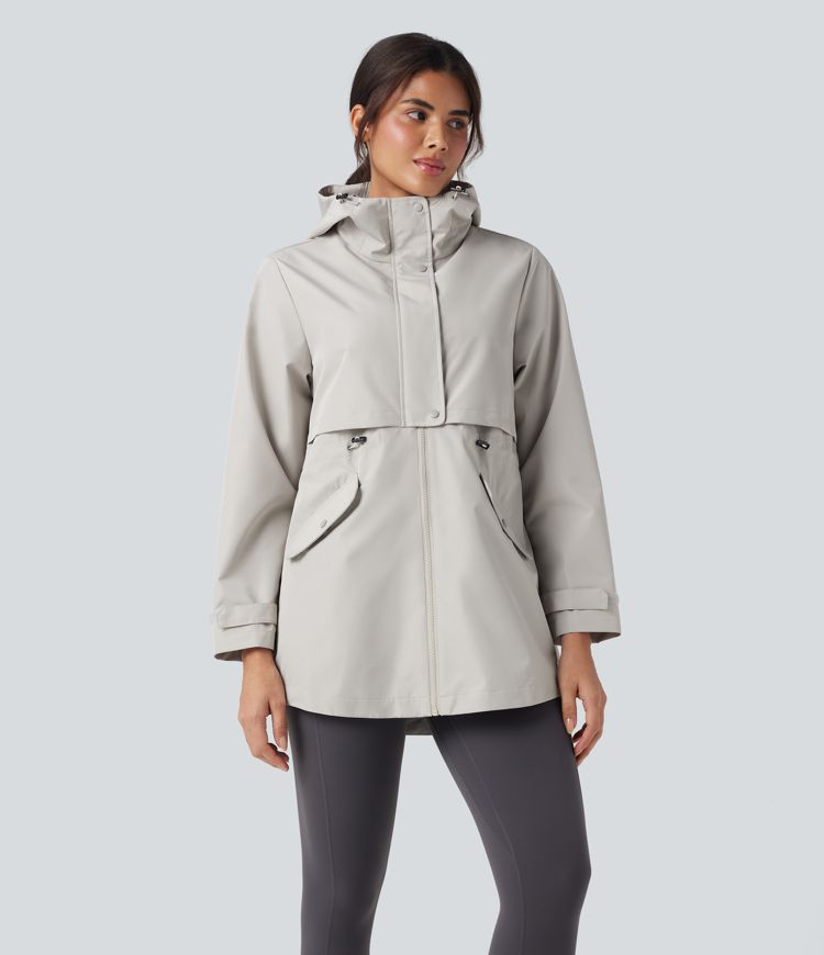 Waterproof Hooded Contrast Mesh Drawstring Hiking Windbreaker Jacket with Pockets