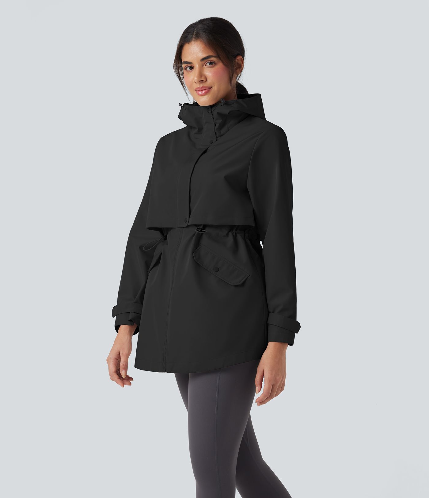 Waterproof Hooded Contrast Mesh Drawstring Hiking Windbreaker Jacket with Pockets