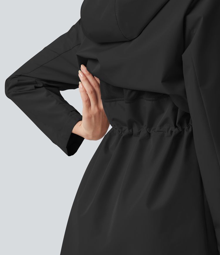 Waterproof Hooded Contrast Mesh Drawstring Hiking Windbreaker Jacket with Pockets