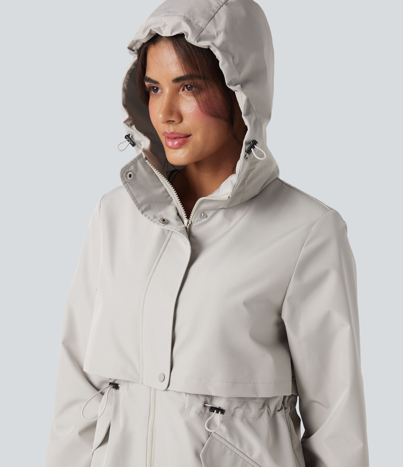 Waterproof Hooded Contrast Mesh Drawstring Hiking Windbreaker Jacket with Pockets