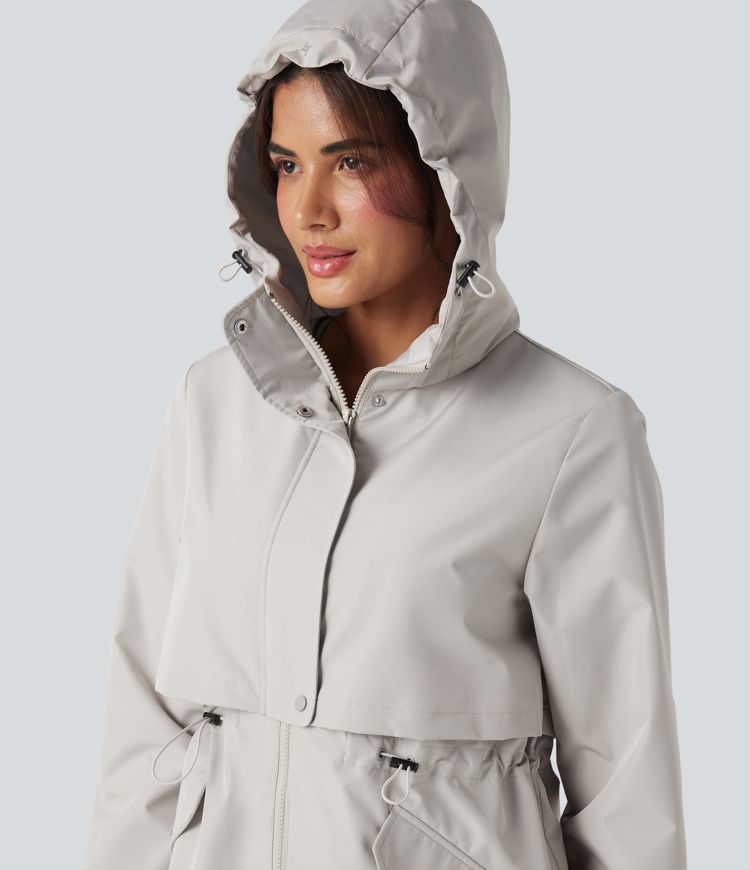 Waterproof Hooded Contrast Mesh Drawstring Hiking Windbreaker Jacket with Pockets