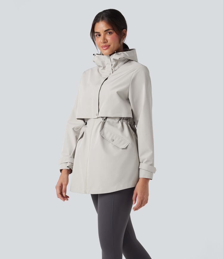 Waterproof Hooded Contrast Mesh Drawstring Hiking Windbreaker Jacket with Pockets