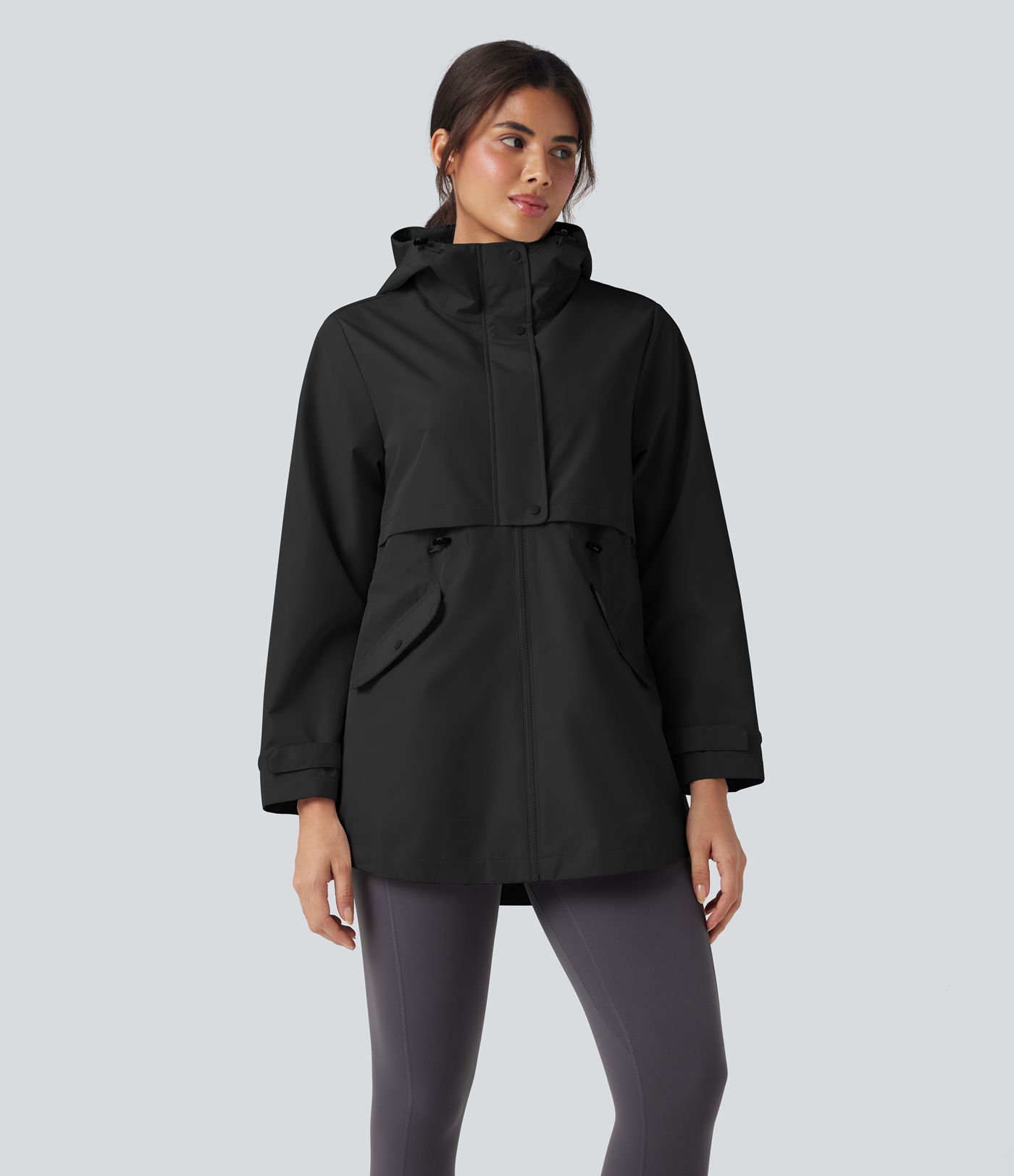 Waterproof Hooded Contrast Mesh Drawstring Hiking Windbreaker Jacket with Pockets