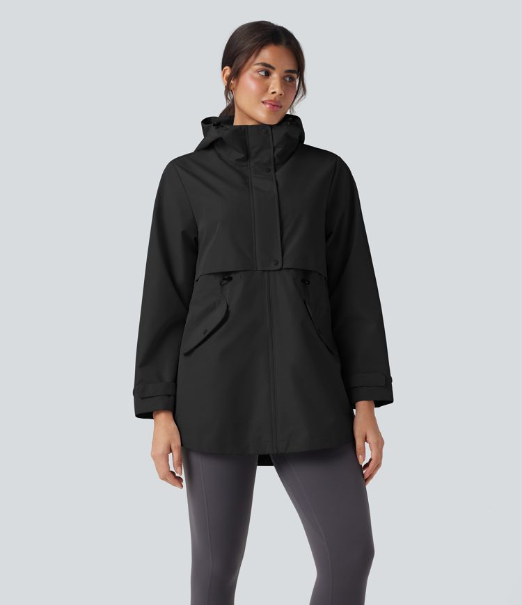 Waterproof Hooded Contrast Mesh Drawstring Hiking Windbreaker Jacket with Pockets