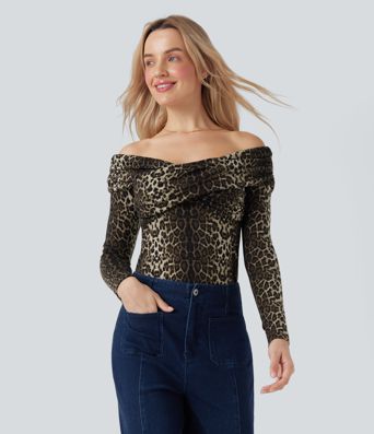 Leopard Print Off Shoulder Long Sleeve Casual Tops