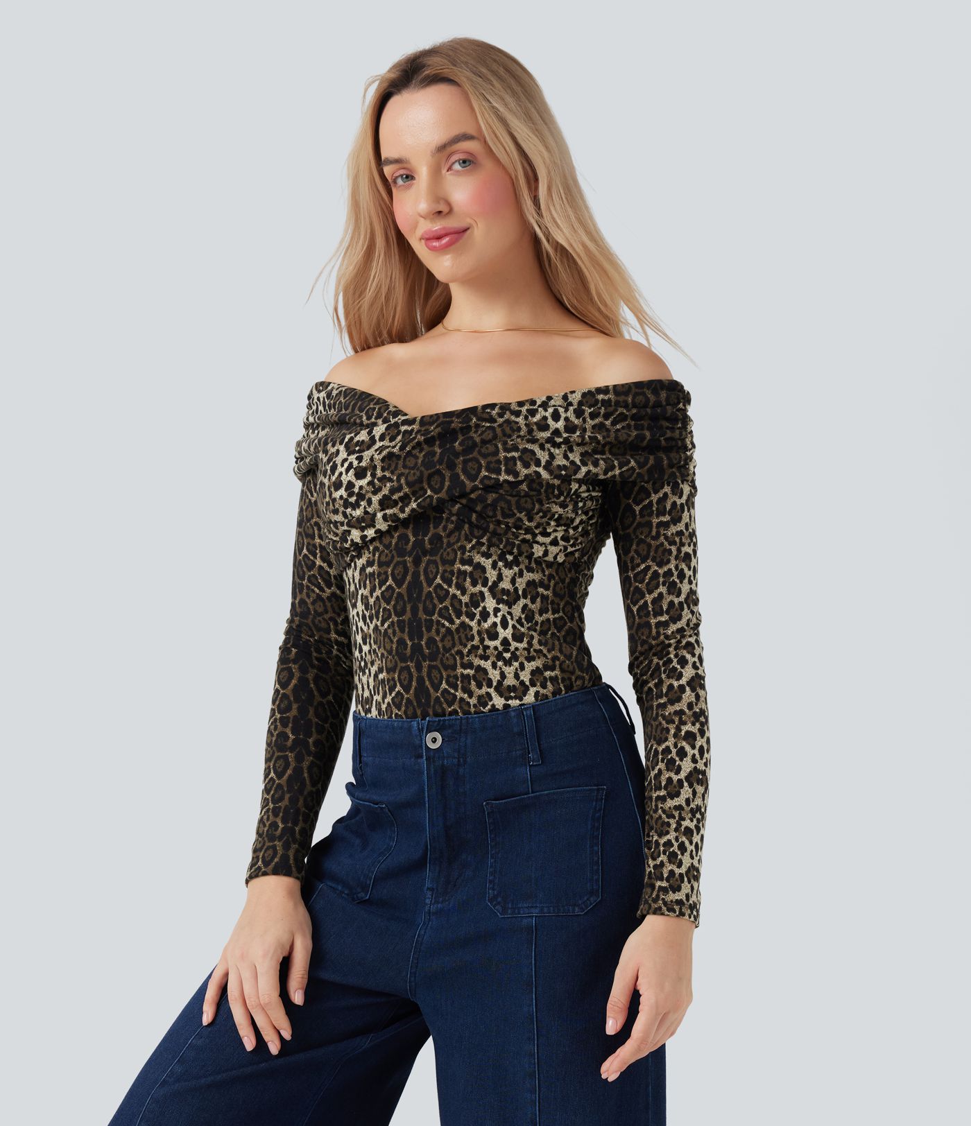 Leopard Print Off Shoulder Long Sleeve Casual Tops