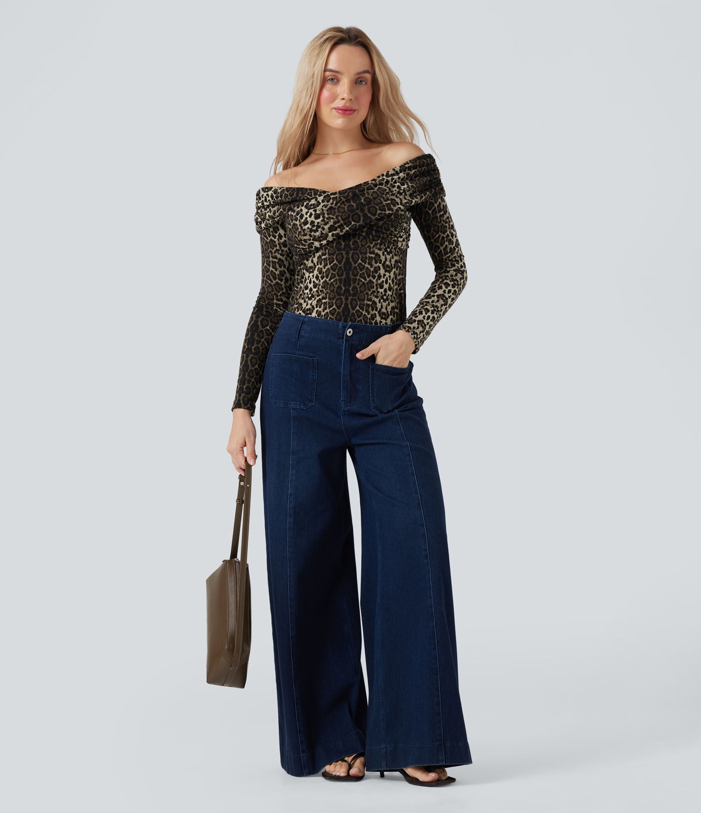 Leopard Print Off Shoulder Long Sleeve Casual Tops