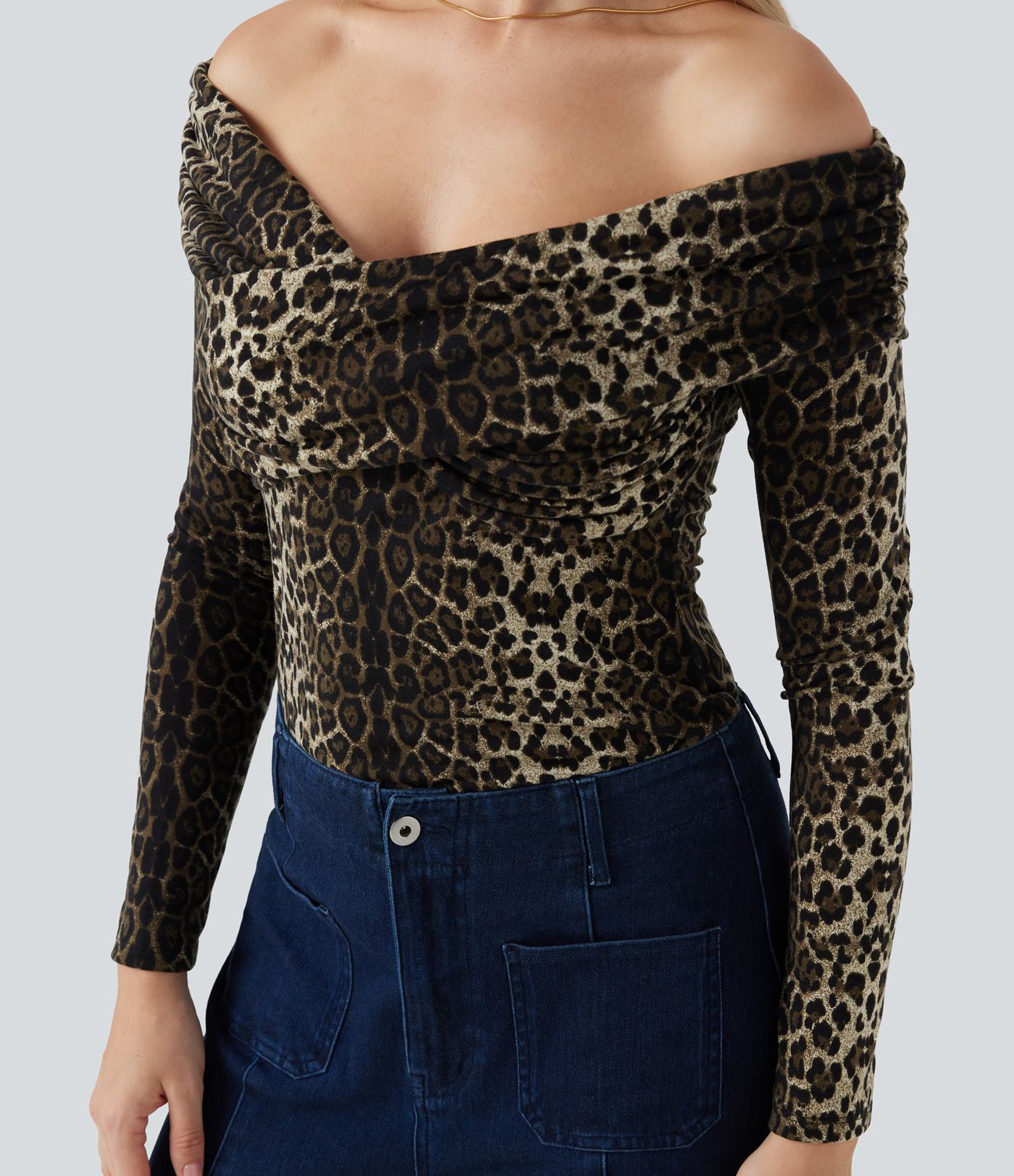 Leopard Print Off Shoulder Long Sleeve Casual Tops