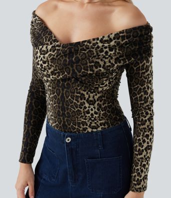 Leopard Print Off Shoulder Long Sleeve Casual Tops