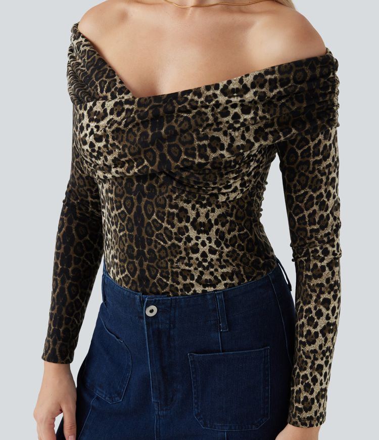 Leopard Print Off Shoulder Long Sleeve Casual Tops
