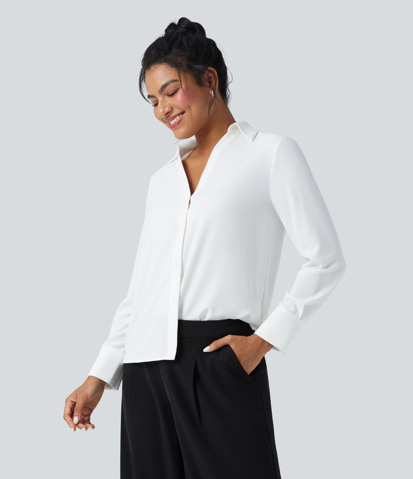 Wrinkle-resistant V-neck Long Sleeve Work Chiffon Shirt