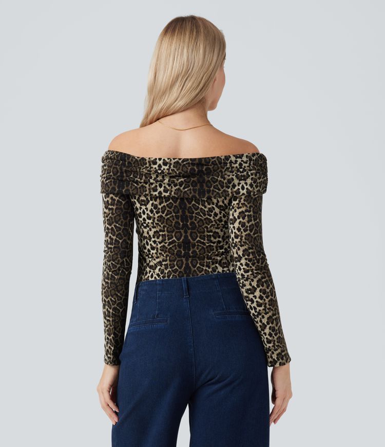 Leopard Print Off Shoulder Long Sleeve Casual Tops