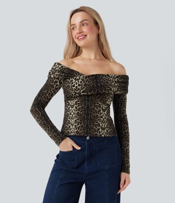 Leopard Print Off Shoulder Long Sleeve Casual Tops
