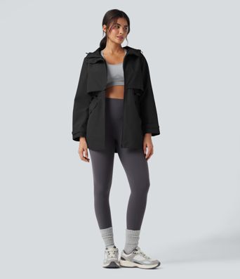 Waterproof Hooded Contrast Mesh Drawstring Hiking Windbreaker Jacket with Pockets