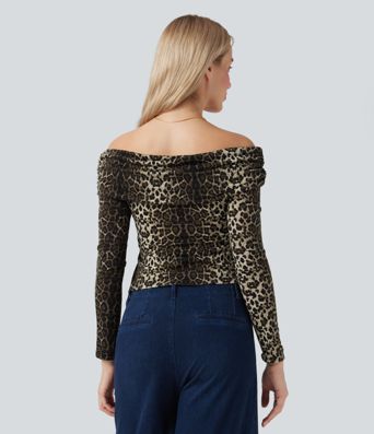 Leopard Print Off Shoulder Long Sleeve Casual Tops
