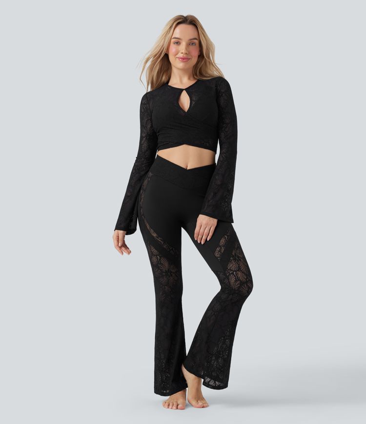 Haut de sport yoga col rond manches longues à volants découpé dentelle transparente