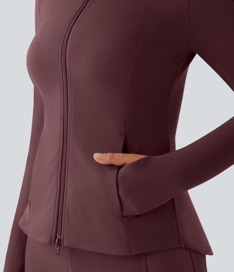 SoftlyZero™ Stand Collar Thumb Hole Pockets Pleated Zipper Slim Jacket-UPF50+