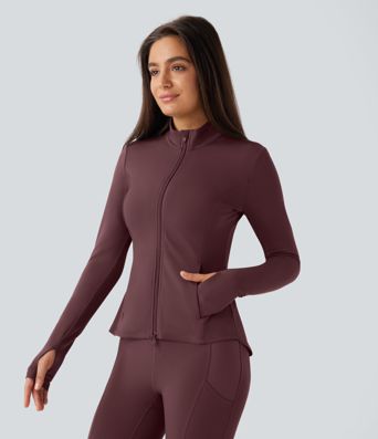 SoftlyZero™ Stand Collar Thumb Hole Pockets Pleated Zipper Slim Jacket-UPF50+