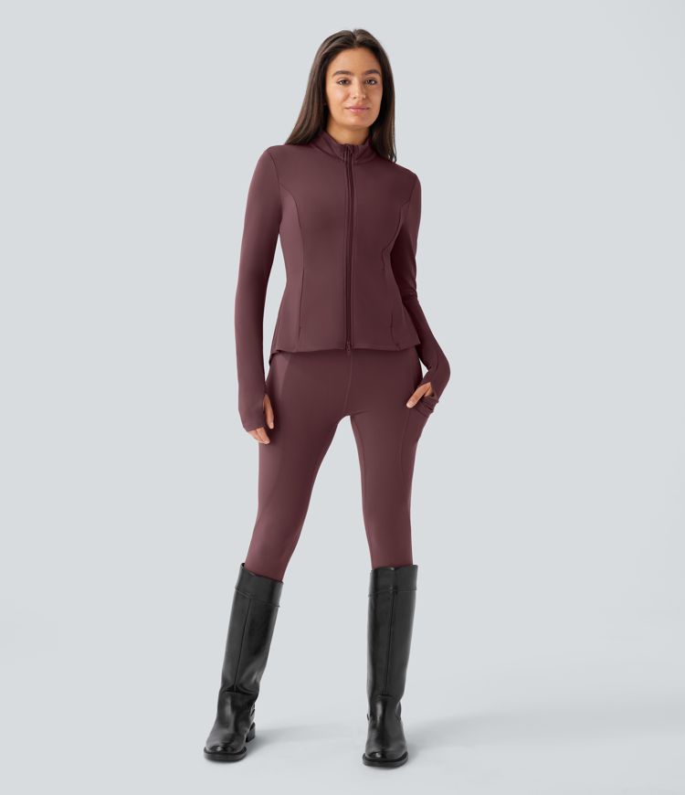 SoftlyZero™ Stand Collar Thumb Hole Pockets Pleated Zipper Slim Jacket-UPF50+