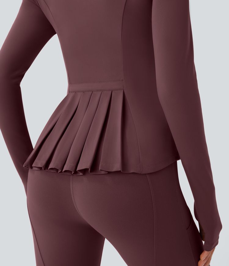 SoftlyZero™ Stand Collar Thumb Hole Pockets Pleated Zipper Slim Jacket-UPF50+