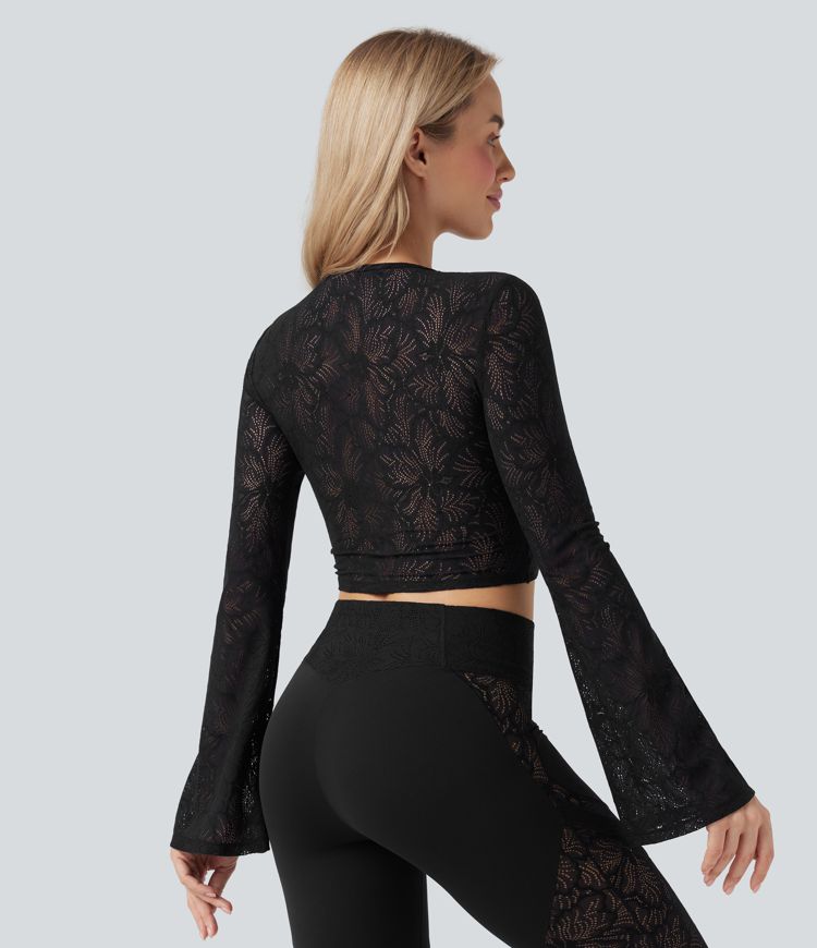 Haut de sport yoga col rond manches longues à volants découpé dentelle transparente