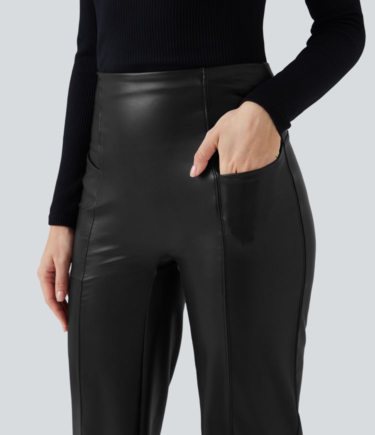 High Waisted Tummy Control Stretchy PU Fleece Casual Flare Pants with Pockets