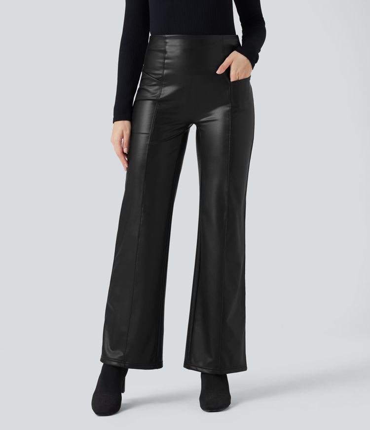 High Waisted Tummy Control Stretchy PU Fleece Casual Flare Trousers with Pockets
