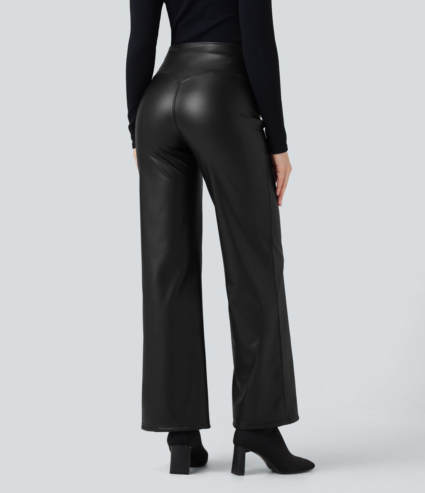 High Waisted Tummy Control Stretchy PU Fleece Casual Flare Pants with Pockets