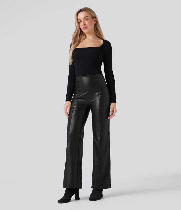 High Waisted Tummy Control Stretchy PU Fleece Casual Flare Pants with Pockets