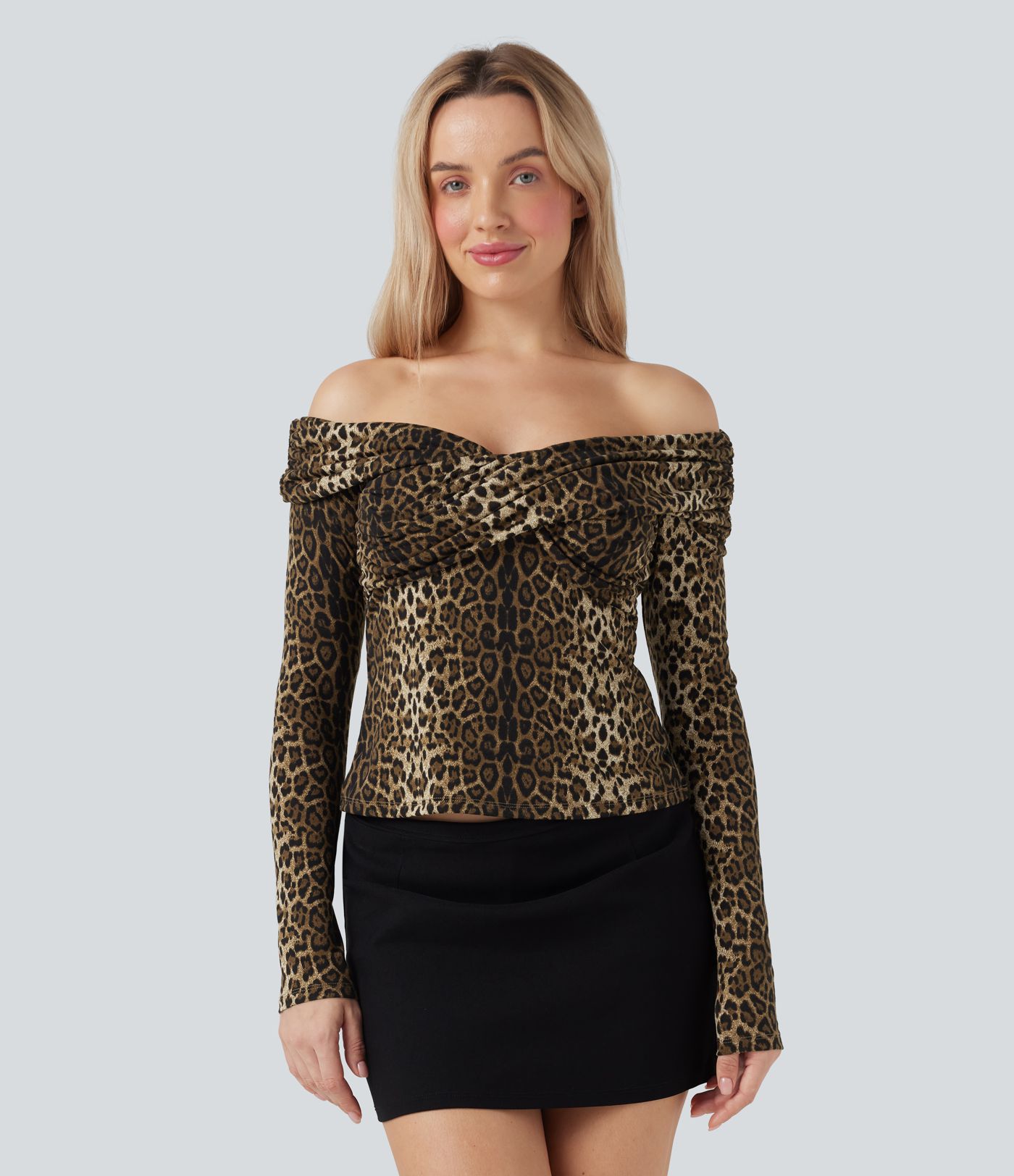 Schulterfreie, langärmelige Freizeit-Tops mit Leopardenmuster