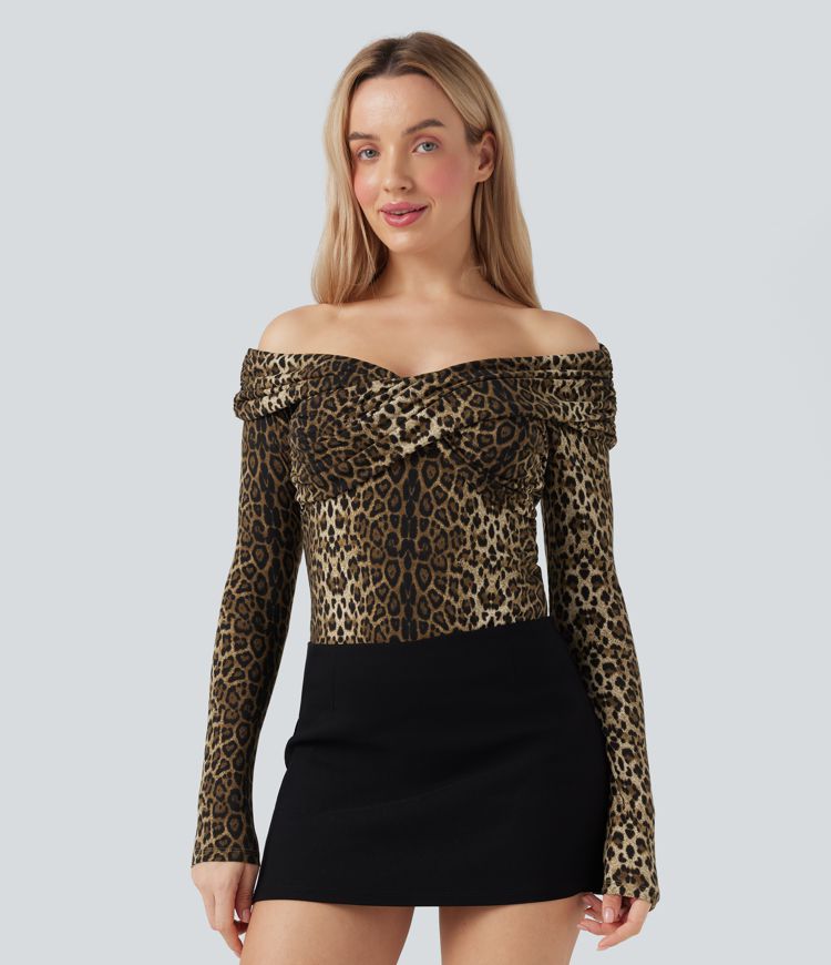 Leopard Print Off Shoulder Long Sleeve Casual Tops