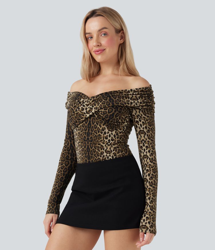 Schulterfreie, langärmelige Freizeit-Tops mit Leopardenmuster