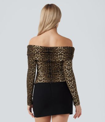 Schulterfreie, langärmelige Freizeit-Tops mit Leopardenmuster