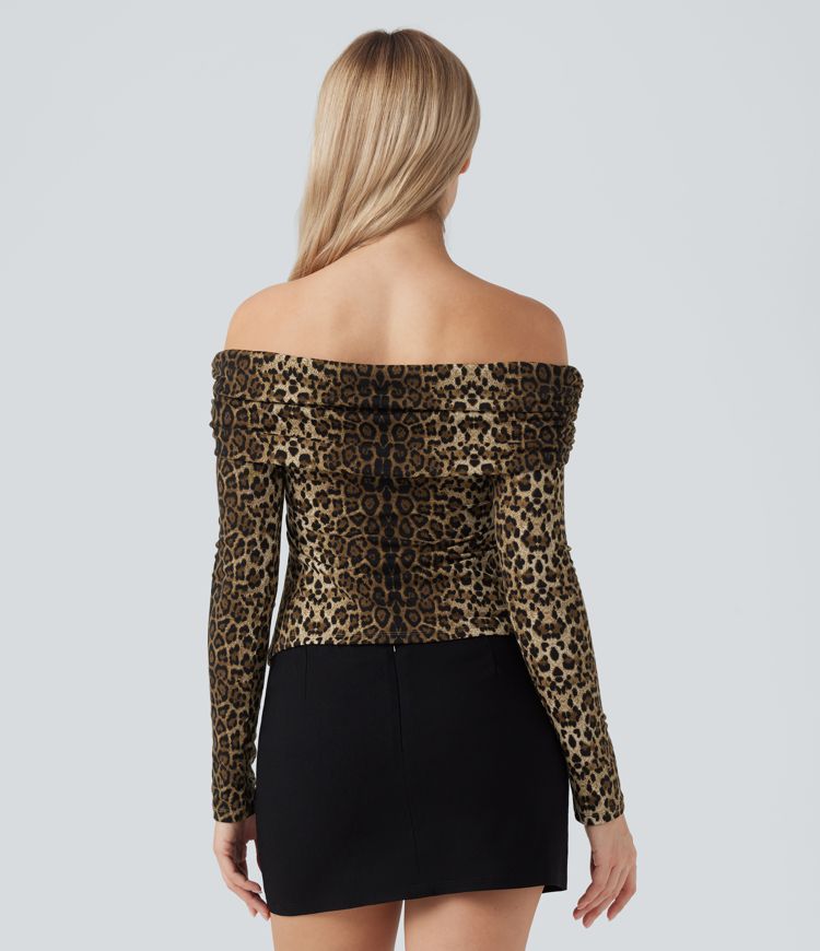 Schulterfreie, langärmelige Freizeit-Tops mit Leopardenmuster