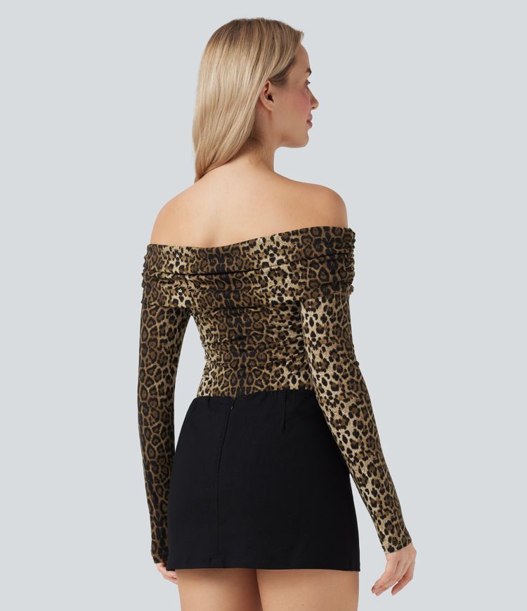 Schulterfreie, langärmelige Freizeit-Tops mit Leopardenmuster