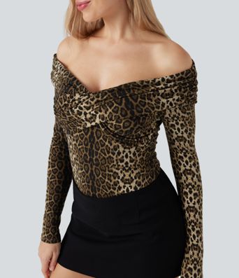 Schulterfreie, langärmelige Freizeit-Tops mit Leopardenmuster