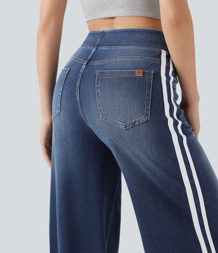 Jean décontracté Halara Flex™ taille haute large fluide à rayures en maille extensible délavée avec multiples poches