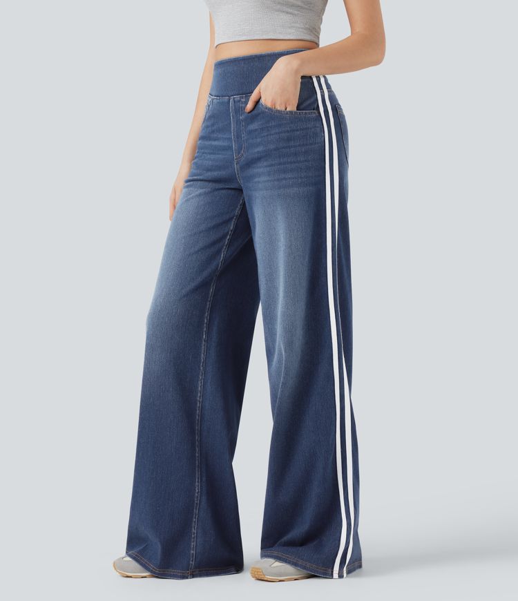 Halara Flex™ High Waisted Stripe Wide Leg Flowy Washed Casual Jeans with Pockets