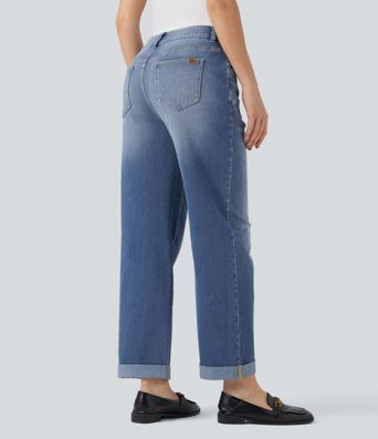 Halara Flex™ Jean décontracté taille mi-haute, coupe droite, avec des poches