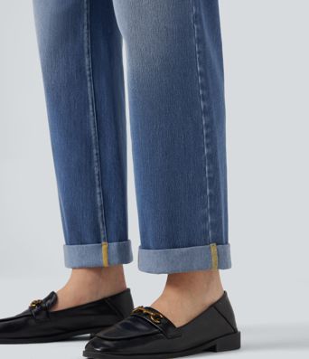 Halara Flex™ Jean décontracté taille mi-haute, coupe droite, avec des poches