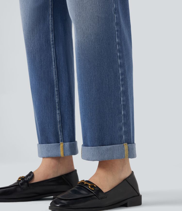 Halara Flex™ Jean décontracté taille mi-haute, coupe droite, avec des poches