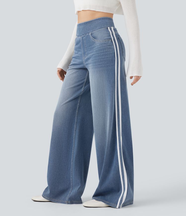 Halara Flex™ High Waisted Stripe Wide Leg Flowy Washed Casual Jeans with Pockets
