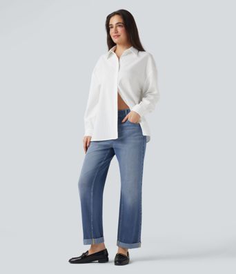 Halara Flex™ Jean décontracté taille mi-haute, coupe droite, avec des poches
