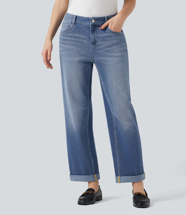 Halara Flex™ Jean décontracté taille mi-haute, coupe droite, avec des poches