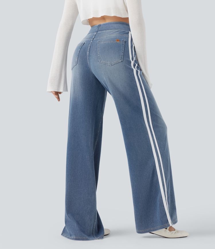 Halara Flex™ High Waisted Stripe Wide Leg Flowy Washed Stretchy Knit Casual Jeans with Multiple Pockets