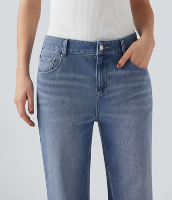 Halara Flex™ Jean décontracté taille mi-haute, coupe droite, avec des poches