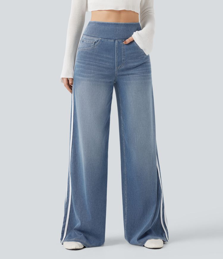 Halara Flex™ High Waisted Stripe Wide Leg Flowy Washed Stretchy Knit Casual Jeans with Multiple Pockets
