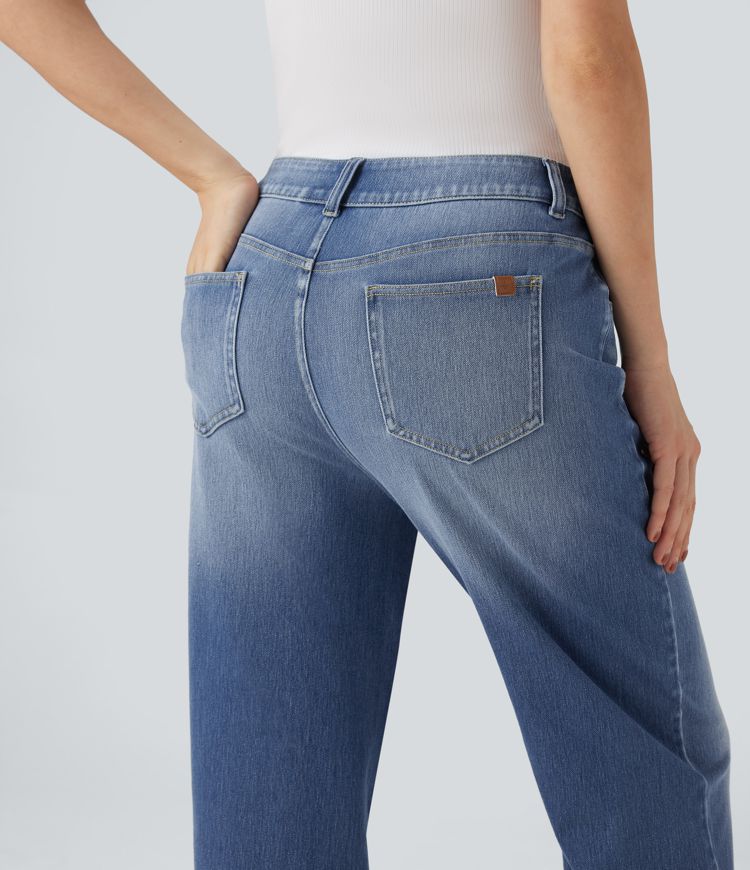 Halara Flex™ Jean décontracté taille mi-haute, coupe droite, avec des poches